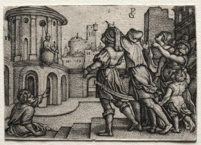 Vergil in einem Korb hängend, um 1541-42 von Georg Pencz