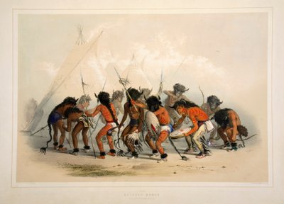 Büffeltanz, veröffentlicht 1845, Farblithographie von George Catlin