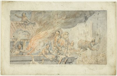 Menschen fliehen aus einem brennenden Gebäude von George Cruikshank