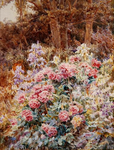 Pfingstrosen und Iris von George Samuel Elgood