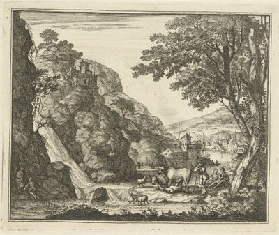 Hirte mit Tieren bei einem Wasserfall von Gerard Melder