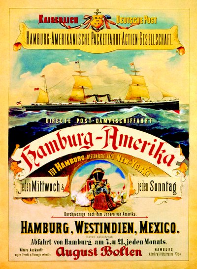 Plakat zur Werbung für die Hamburg-Amerika-Linie, 1883 von German School