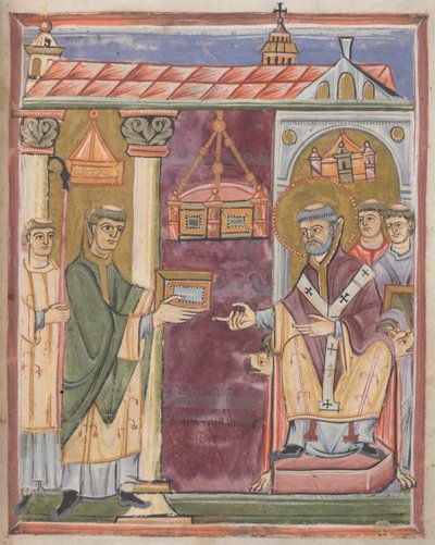 Priester präsentiert ein Buch [an St. Augustinus?] von German School