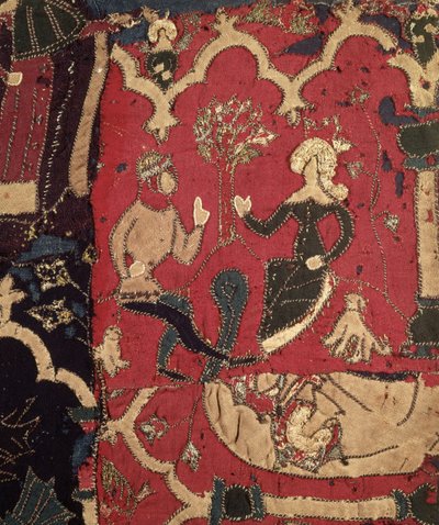 Stumpwork mit Darstellung von Tristan und Isolde von German School