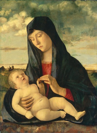 Madonna und Kind in einer Landschaft von Giovanni Bellini
