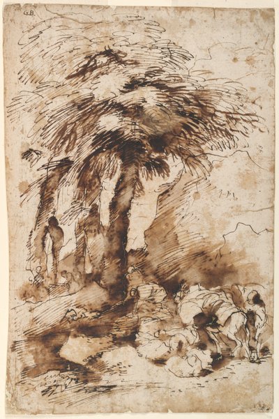 Karawane in der Nähe eines Herms zur Ruhe von Giovanni Benedetto Castiglione