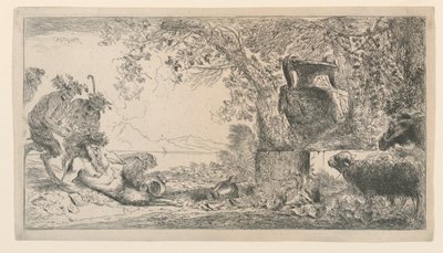 Pan sitzt gegenüber einer Vase von Giovanni Benedetto Castiglione