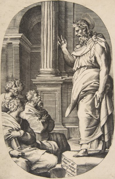 Der heilige Paulus predigt, eine ovale Komposition von Giulio Bonasone