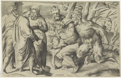 Zwei Satyrn bringen Silenus zu König Midas von Giulio Bonasone