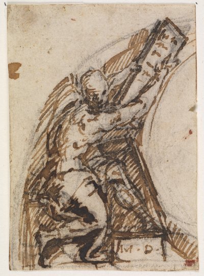 Sitzender Mann mit Schrifttafel(?). Architekturdetaill von Giulio Campi
