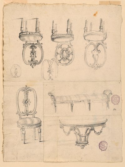 Stühle und architektonische Skizzen von Giuseppe Barberi