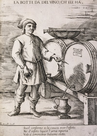 Fass gibt Wein, den es enthält, Sprichwort von Giuseppe Maria Mitelli