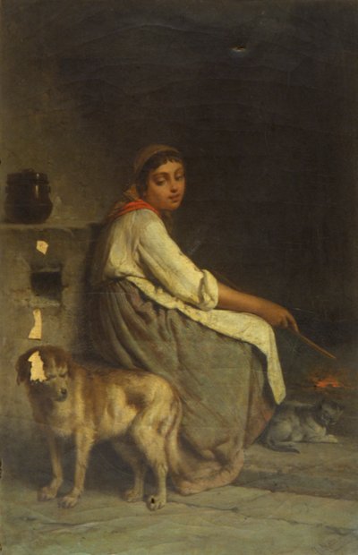 Frau mit Hund und Katze am Kamin von Giuseppe Mazza