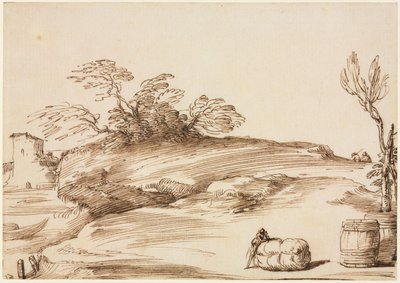 Landschaft mit einem Mann, der sich auf einen Ballen lehnt von Guercino