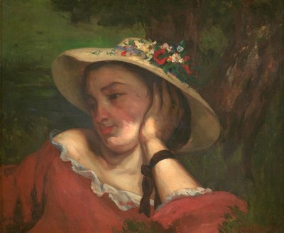 Frau mit Blumen auf ihrem Hut von Gustave Courbet