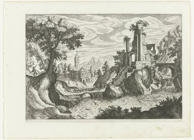 Landschaft mit einem Fluss und Ruine von H. van Schuppen