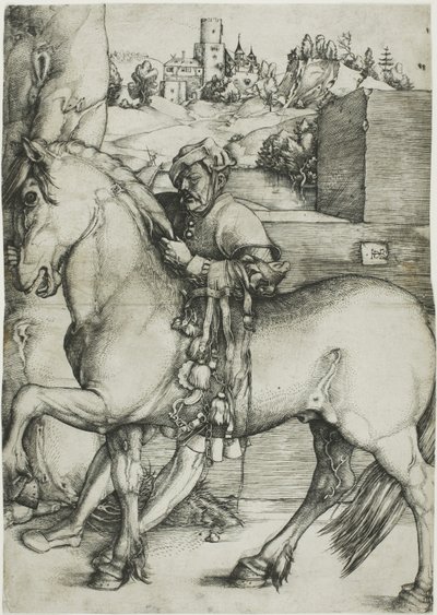 Ein Stallknecht zäumt ein Pferd von Hans Baldung Grien