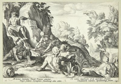 Der Flussgott Peneus, umgeben von anderen göttlichen Gestalten von Hendrick Goltzius