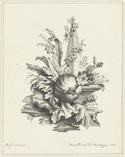 Ornament mit Granatapfel mit Blättern und Obelisk von Hendrik Nieuwenhuysen