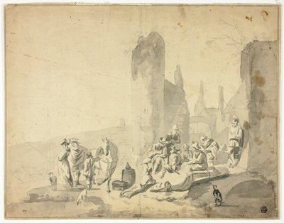 Hafenszene mit verschiedenen Figuren von Hendrik Verschuring