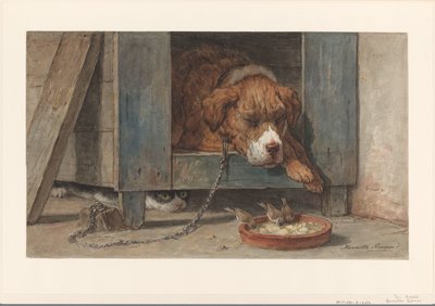 Katze beobachtet Vögel bei einem schlafenden Hund von Henriëtte Ronner