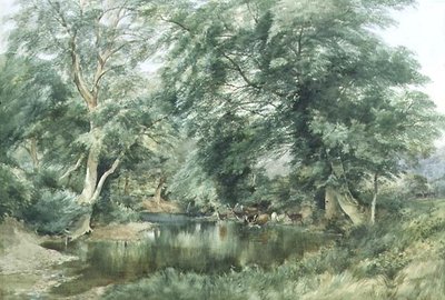 Landschaft mit trinkenden Hirschen an einem Fluss von Henry Jutsum