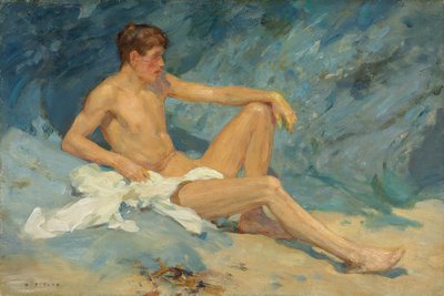 Ein männlicher Akt, der auf Felsen liegt von Henry Scott Tuke