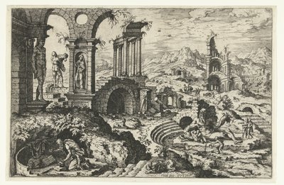 Ruinenlandschaft mit dem reuigen Hieronymus von Hieronymus Cock