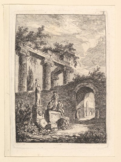 Die Statue vor den Ruinen von Hubert Robert