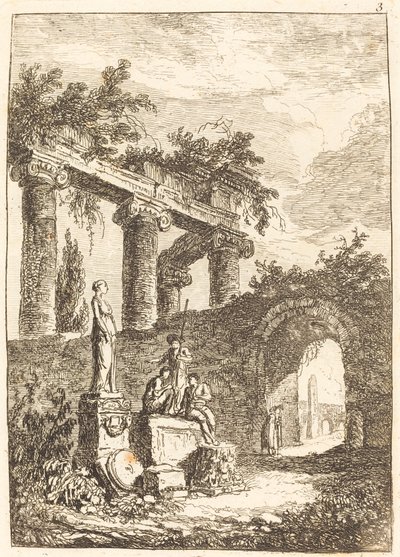 Die Statue vor den Ruinen von Hubert Robert