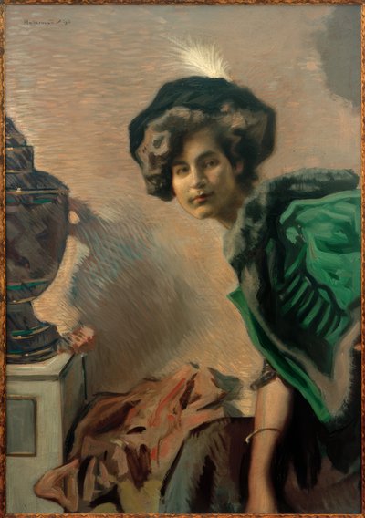 Frauenbildnis (Im grünen Dolman) von Hugo von Habermann