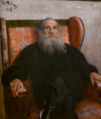 Leo Tolstoi in einem rosa Sessel von Ilya Efimovich Repin