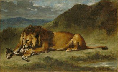 Löwe, der eine Ziege verschlingt von Imitator of Eugène Delacroix