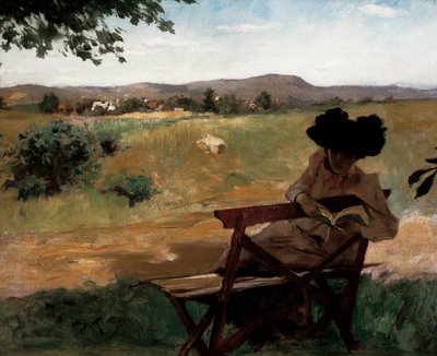 Frau sitzt auf einer Bank und liest von Irving Ramsay Wiles