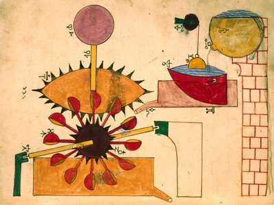 Wasserbetriebene Uhr, Miniatur, islamische Kunst von Islamic School
