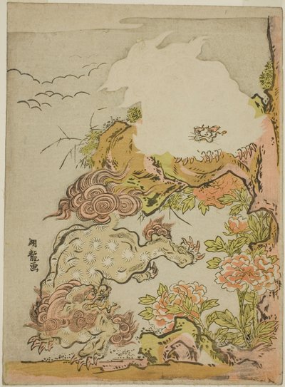 Chinesische Löwen und Pfingstrosen von Isoda Koryusai