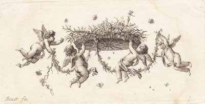Vignette mit verschlungenen Blättern und Bändern von J.F. Clemens