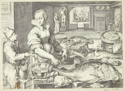 Küchenszene mit einer Küchenmagd, die Fische säubert von Jacob Matham