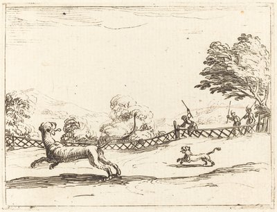 Löwin und Junges von Jägern verfolgt von Jacques Callot