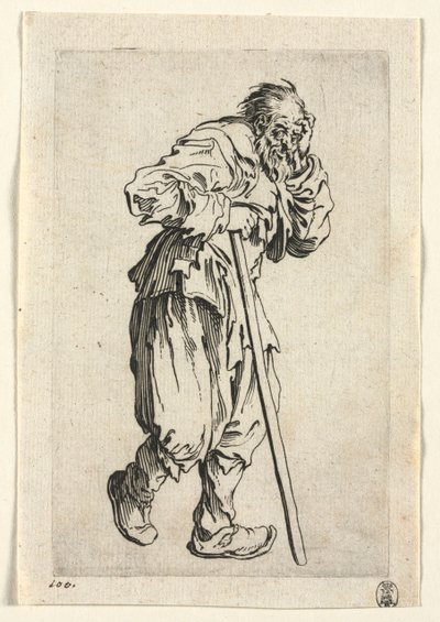 Die Bettler: Bettler, der sich auf einen Stock stützt von Jacques Callot