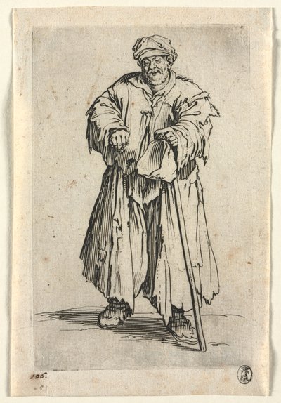 Die Bettler: Fettleibiger Bettler mit gesenkten Augen von Jacques Callot