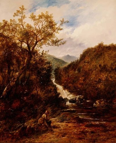 Angler bei einem bewaldeten Wasserfall von James Charles Ward