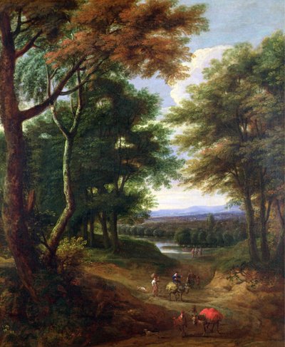 Waldlandschaft mit Reisenden auf einem Pfad von Jan Baptist Huysmans