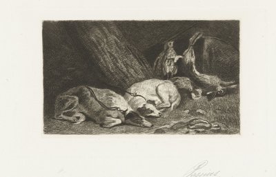Zwei Hunde ruhen bei der Jagdbeute von Jan Cassiers