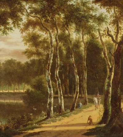 Eine Birkenallee an einem Fluss von Jan Hackaert