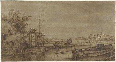 Ansicht eines Kanals mit Bauernhof und liegendem Boot von Jan Hulswit (possibly)