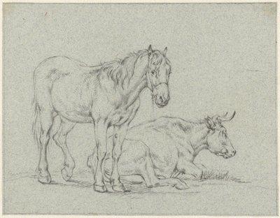 Stehendes Pferd und eine liegende Kuh von Jan Kobell (II)