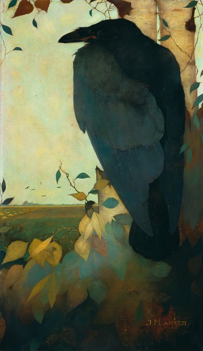 Rabe auf einer Birke von Jan Mankes