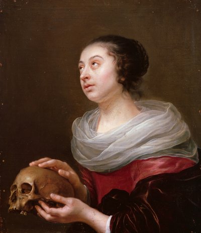 Eine junge Frau, die einen Schädel hält, 1640er Jahre von Jan Olis
