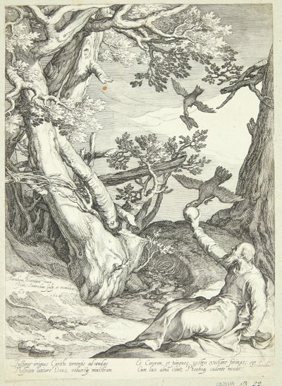 Elia wird von Raben in der Wildnis gefüttert von Jan Saenredam